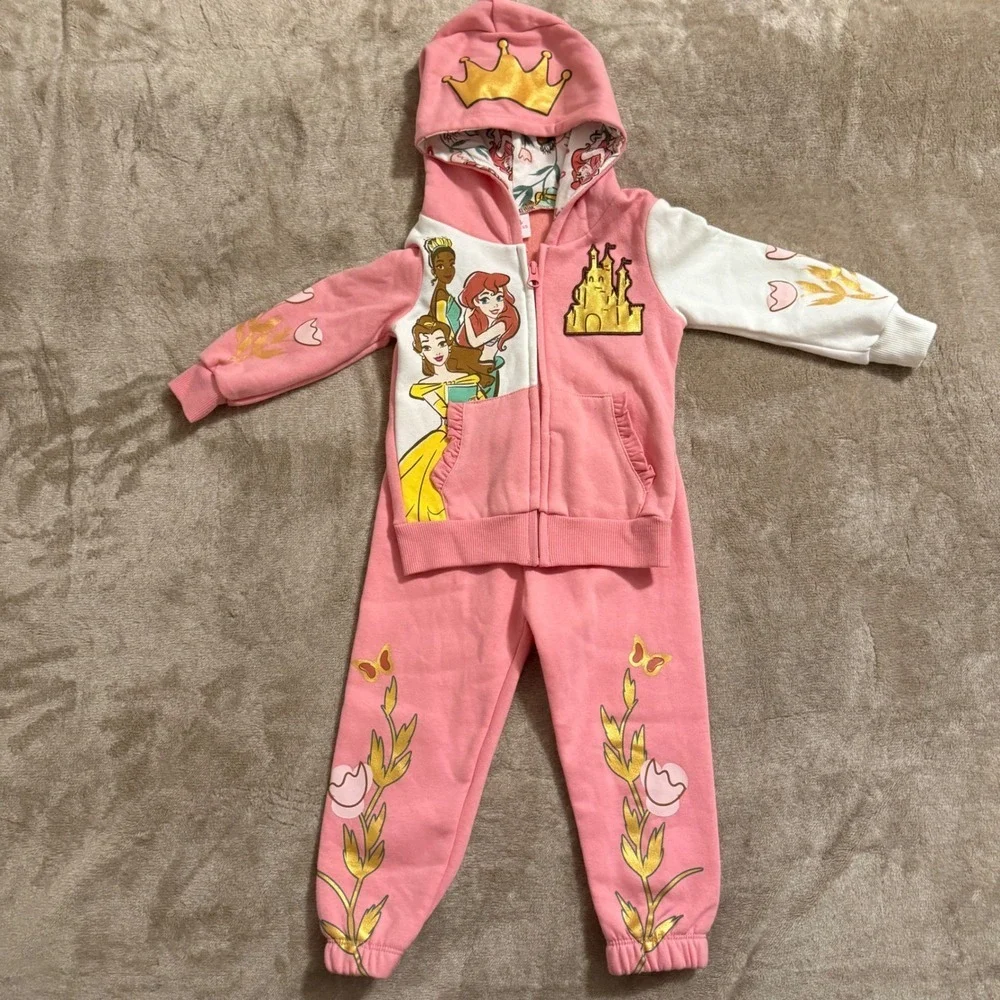 Disney Princess Toddler Girls Pink Zip Hoodie and Joggers Tracksuit Set 2T